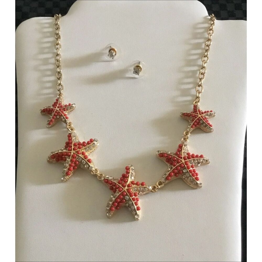NEW~Coral Beads & Crystal Starfish Necklace/Earring Set
